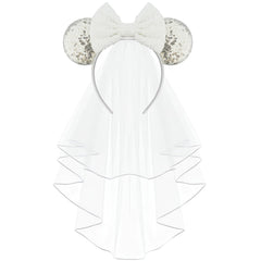 LIHELEI front view of silver mouse ear headband showing veil for instant celebration style