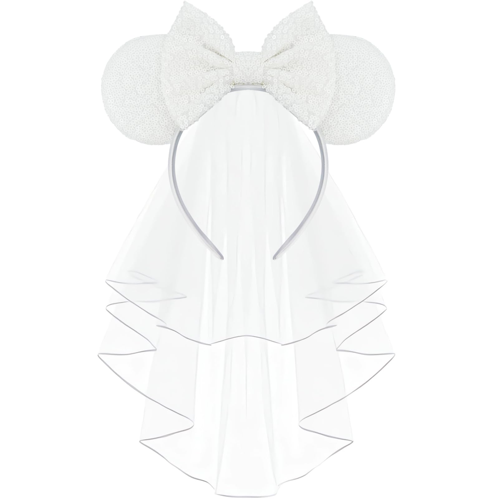 LIHELEI front view of white sequin mouse ear headband showing playful bridal look