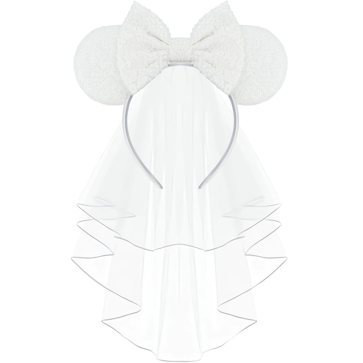LIHELEI front view of white sequin mouse ear headband showing playful bridal look