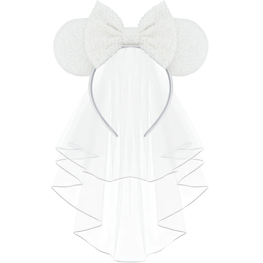 LIHELEI front view of white sequin mouse ear headband showing playful bridal look