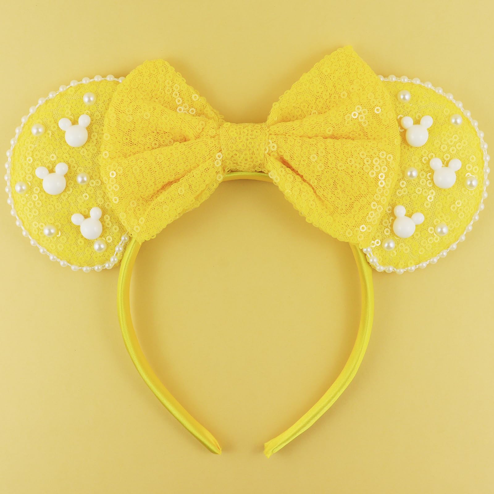 LIHELEI front view of yellow sequin mouse ears headband shows playful sparkle