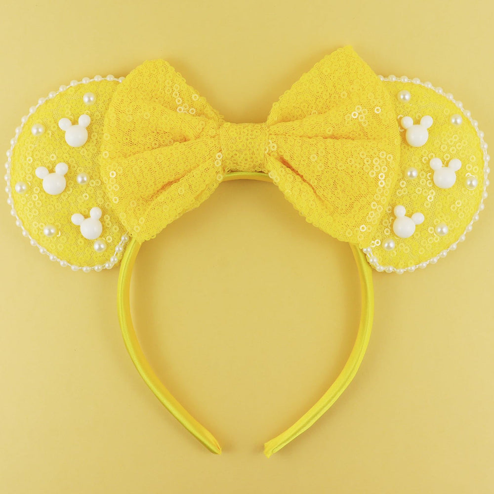 LIHELEI front view of yellow sequin mouse ears headband shows playful sparkle