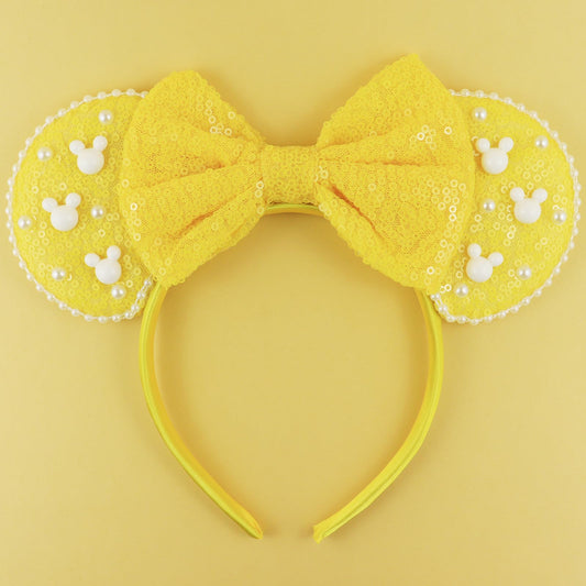 LIHELEI front view of yellow sequin mouse ears headband shows playful sparkle