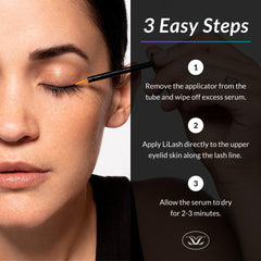 LiLash serum texture swiped on fingertip to show lightweight, non-greasy hydration