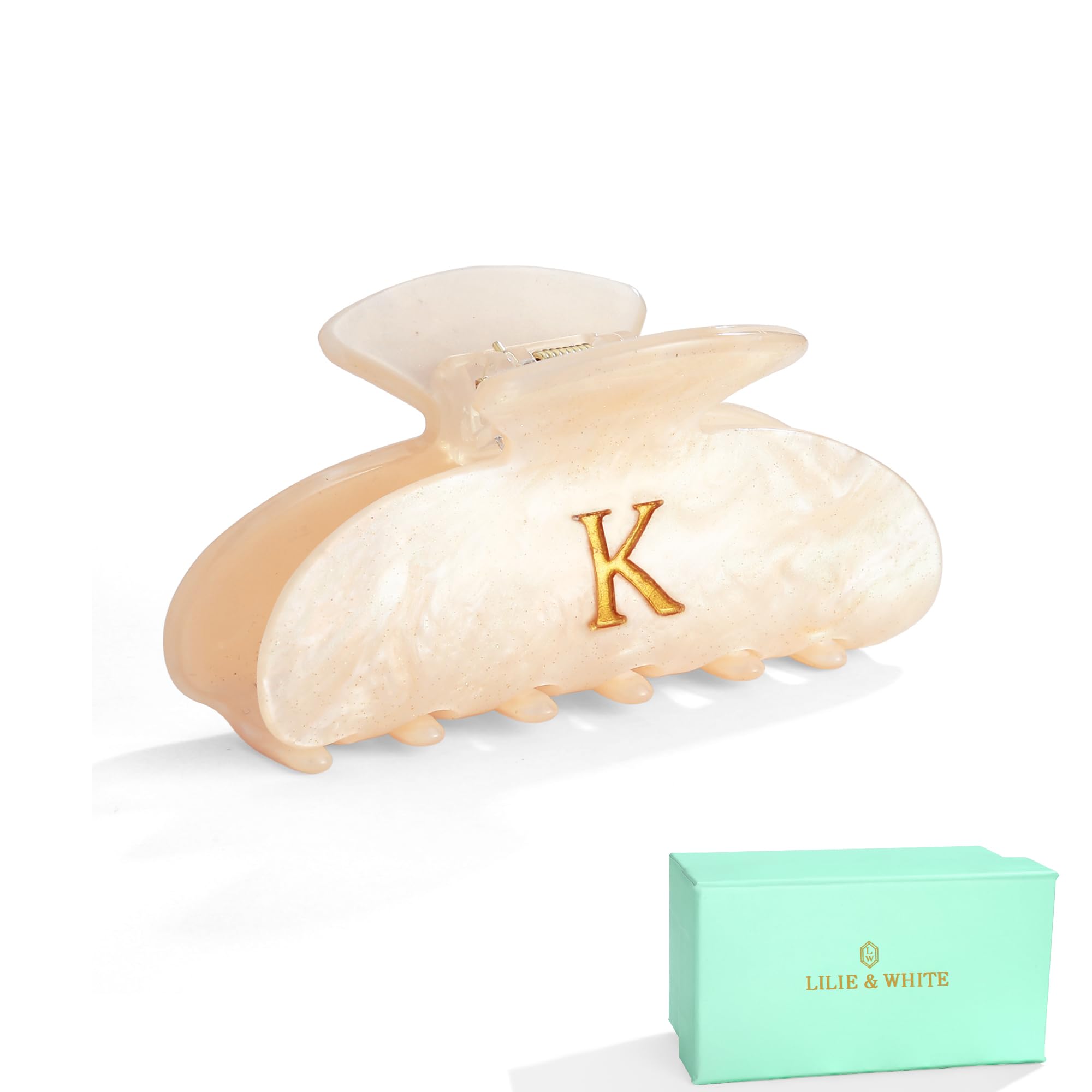 LILIE&WHITE front view of K hair clip showing elegant monogram and secure hold