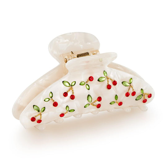 LILIE&WHITE front view of red cherry clip showing bold sparkle and secure hold
