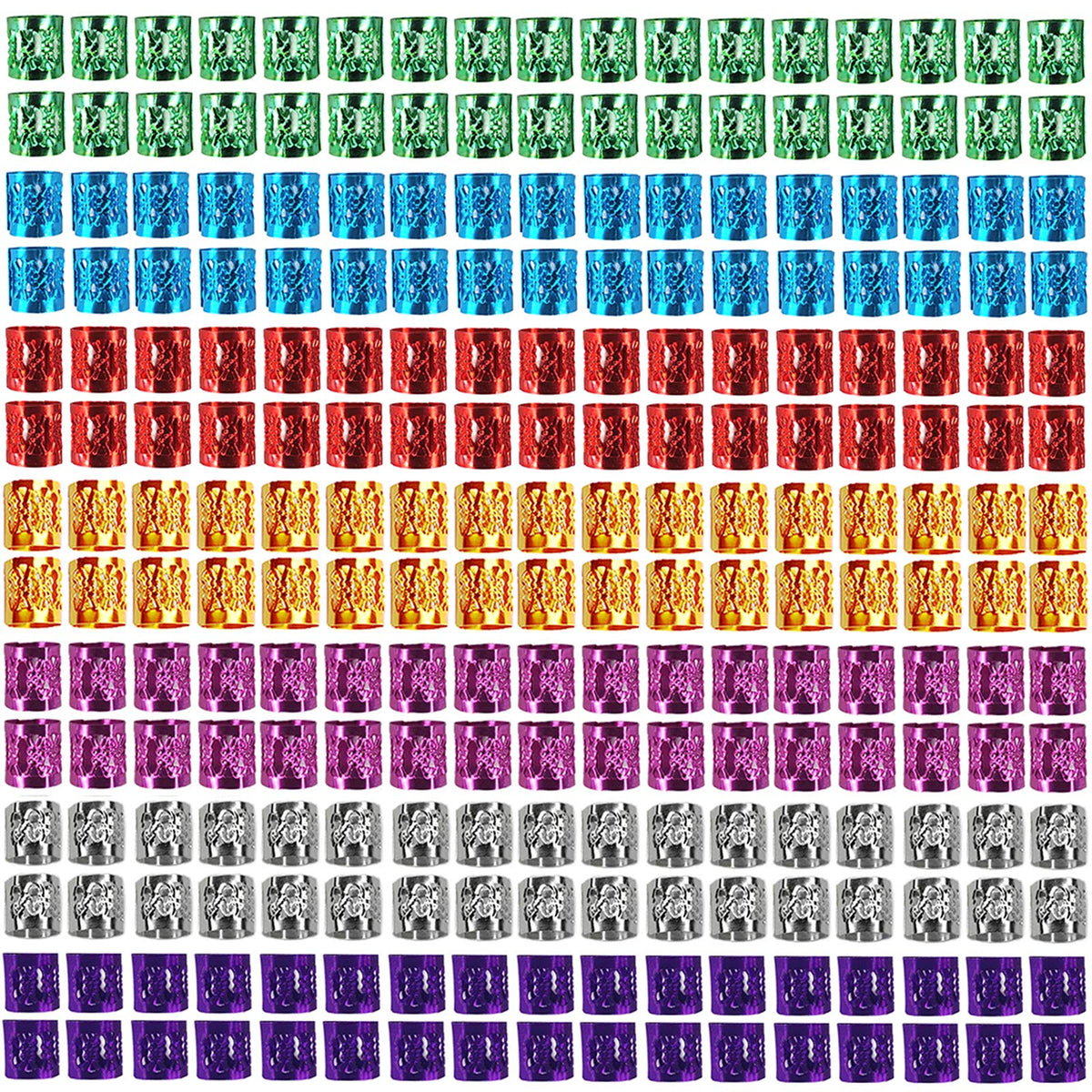 Liliyab pack front showing 350 multi-color aluminum braid cuffs and rings for variety