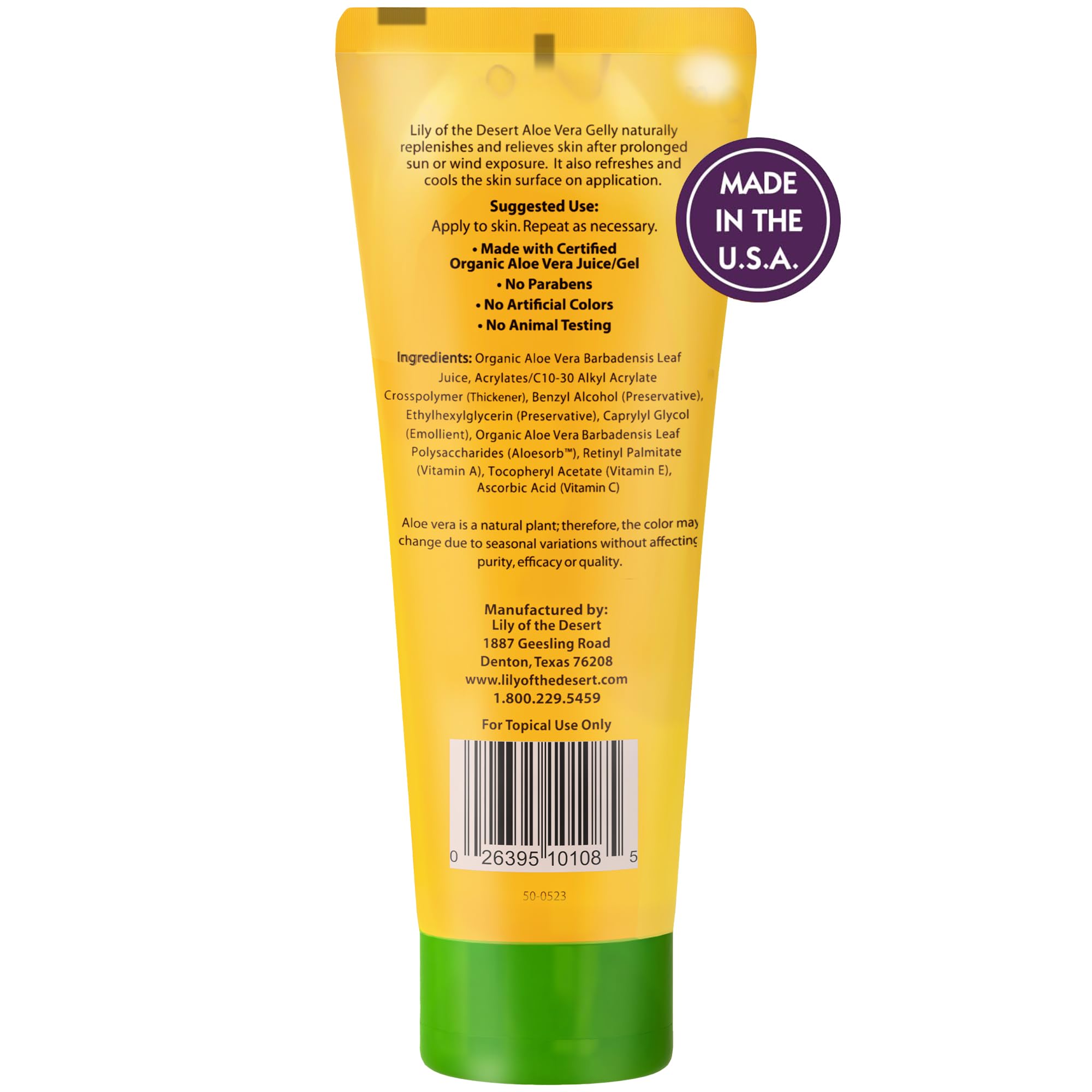 Lily Of The Desert pump and label close-up highlighting organic aloe benefits