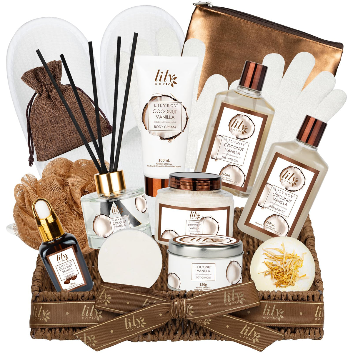 LILY ROY front view of the coconut vanilla gift basket showing presentation benefit