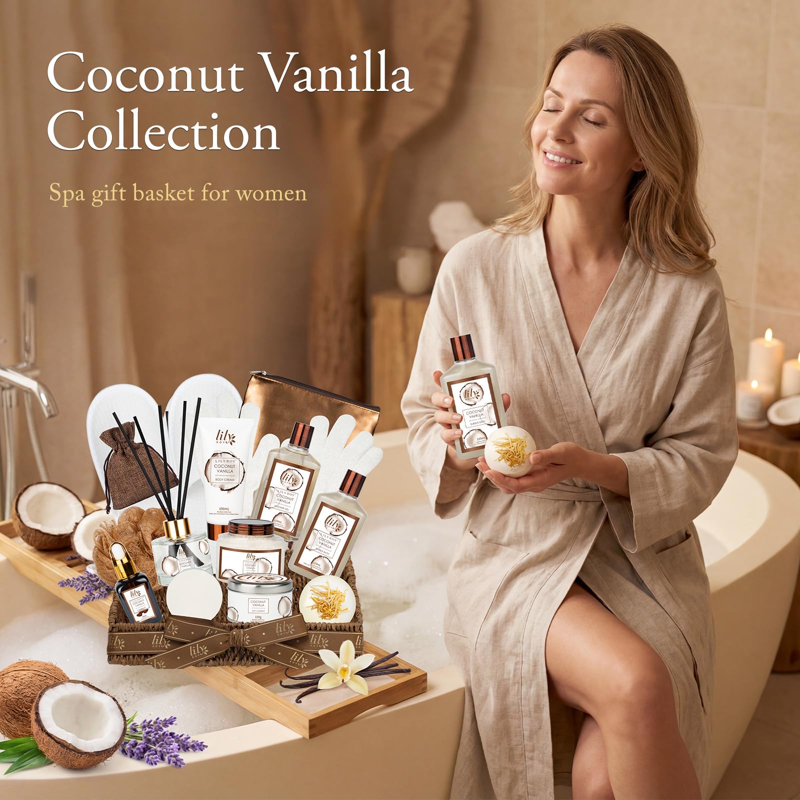 LILY ROY waffle slippers and shower gloves displayed for comfort and exfoliation