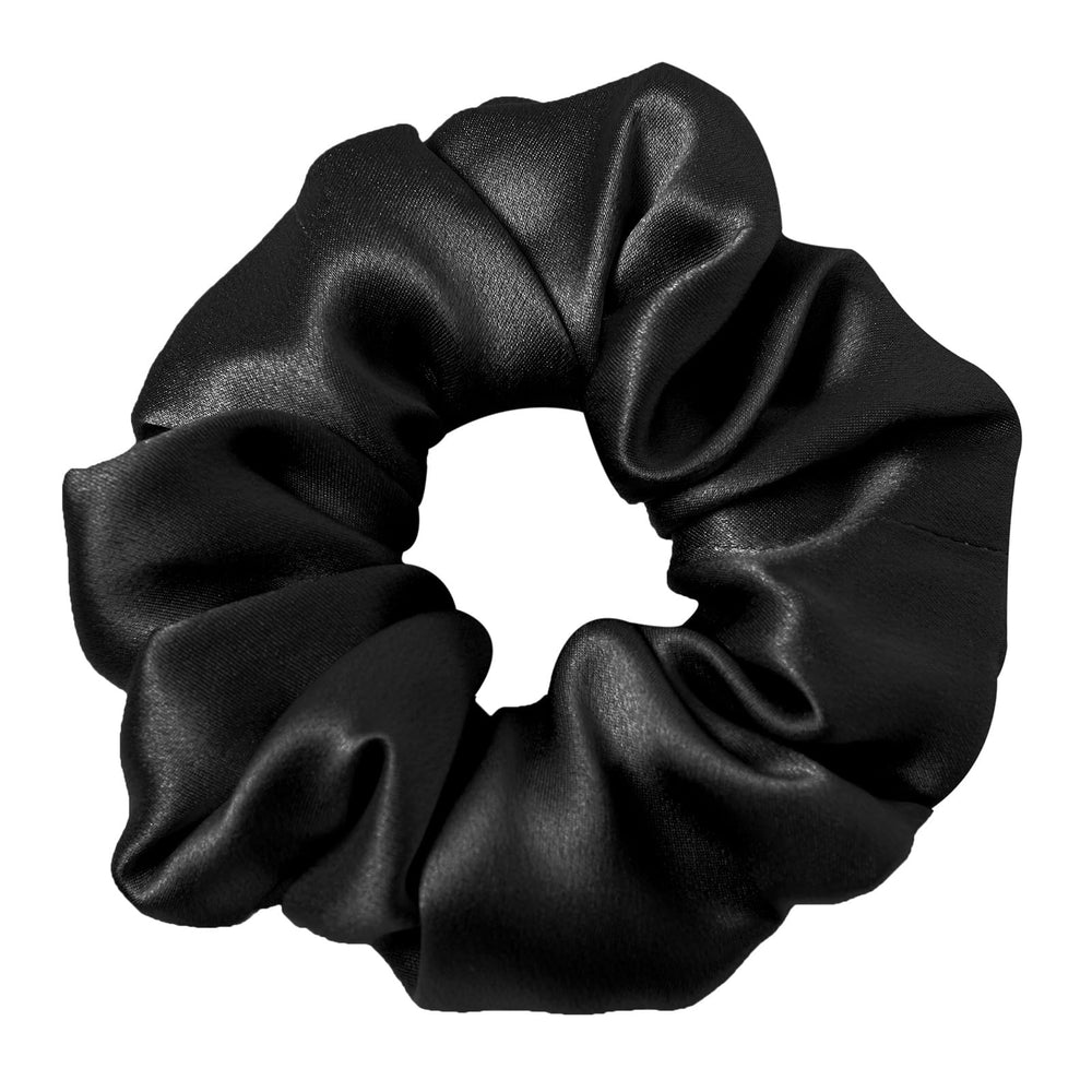 LilySilk front view of black silk scrunchie showing neat finished seam and sheen benefit
