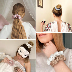LilySilk scrunchie on a pillow during sleep showing curl protection and comfort benefit