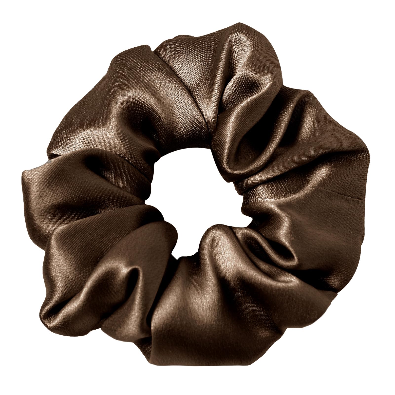 LilySilk chocolate silk scrunchie front view showing smooth shine and elegant look