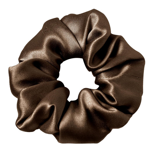 LilySilk chocolate silk scrunchie front view showing smooth shine and elegant look