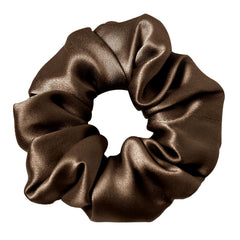 LilySilk chocolate silk scrunchie front view showing smooth shine and elegant look