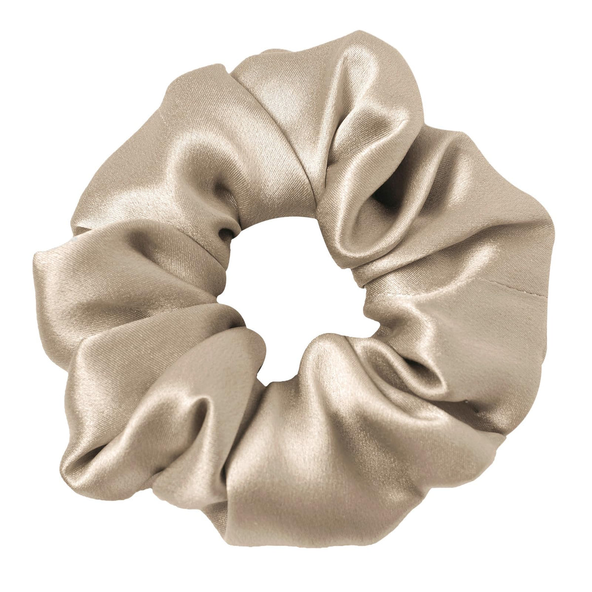 LilySilk scrunchie front view showing smooth coffee silk and neat finish, gentle hold