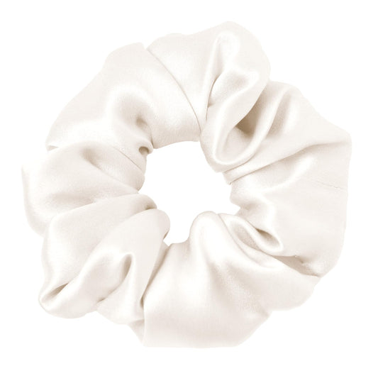 LilySilk ivory scrunchie front view showing elegant sheen and protective hold