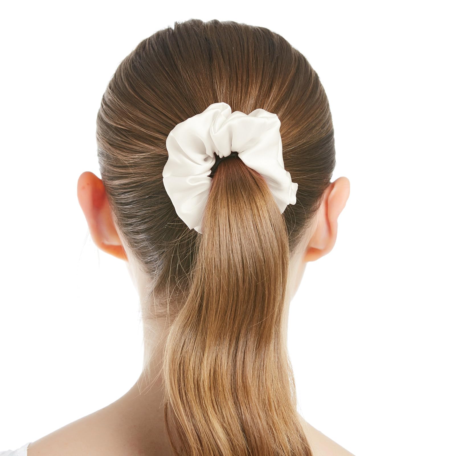 LilySilk scrunchie in a sleek ponytail demonstrating secure, gentle hold