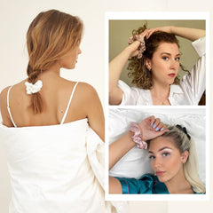 LilySilk scrunchy on a vanity, lifestyle shot showing gentle care and everyday use