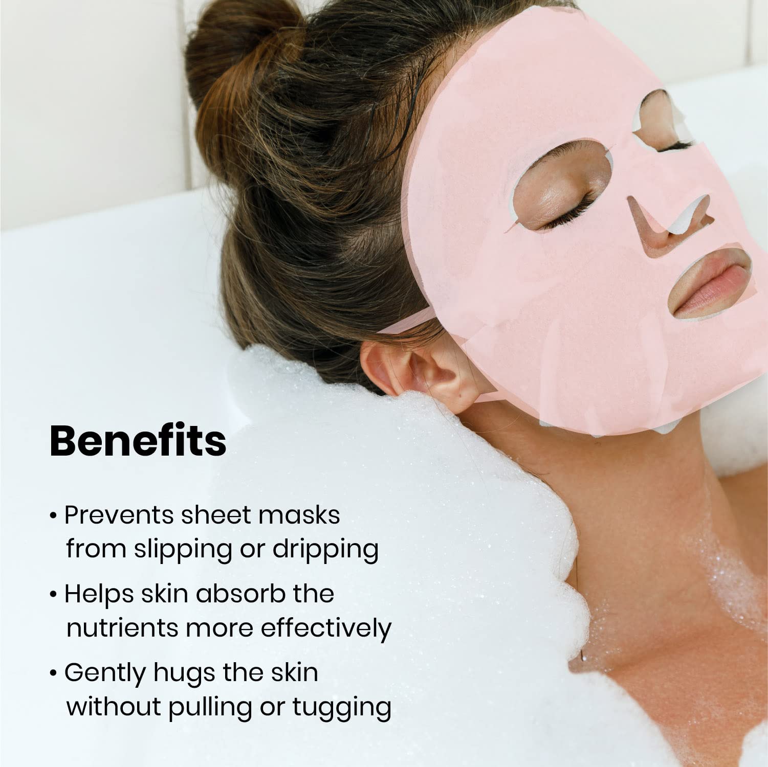 Lindo in use over a sheet mask showing secure fit and reduced dripping while user relaxes