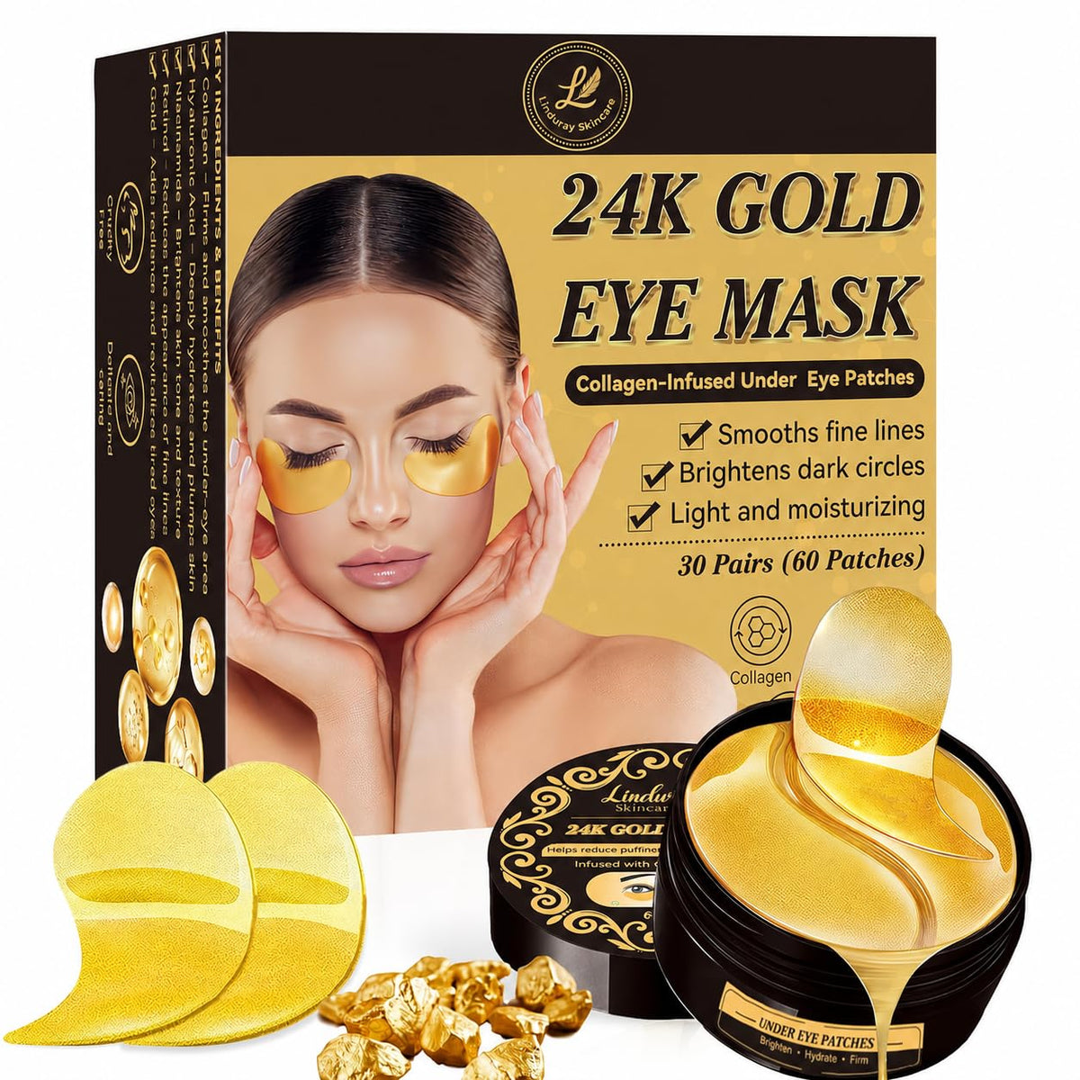 Linduray Skincare front packaging showing 60-count gold under eye patches and key benefits