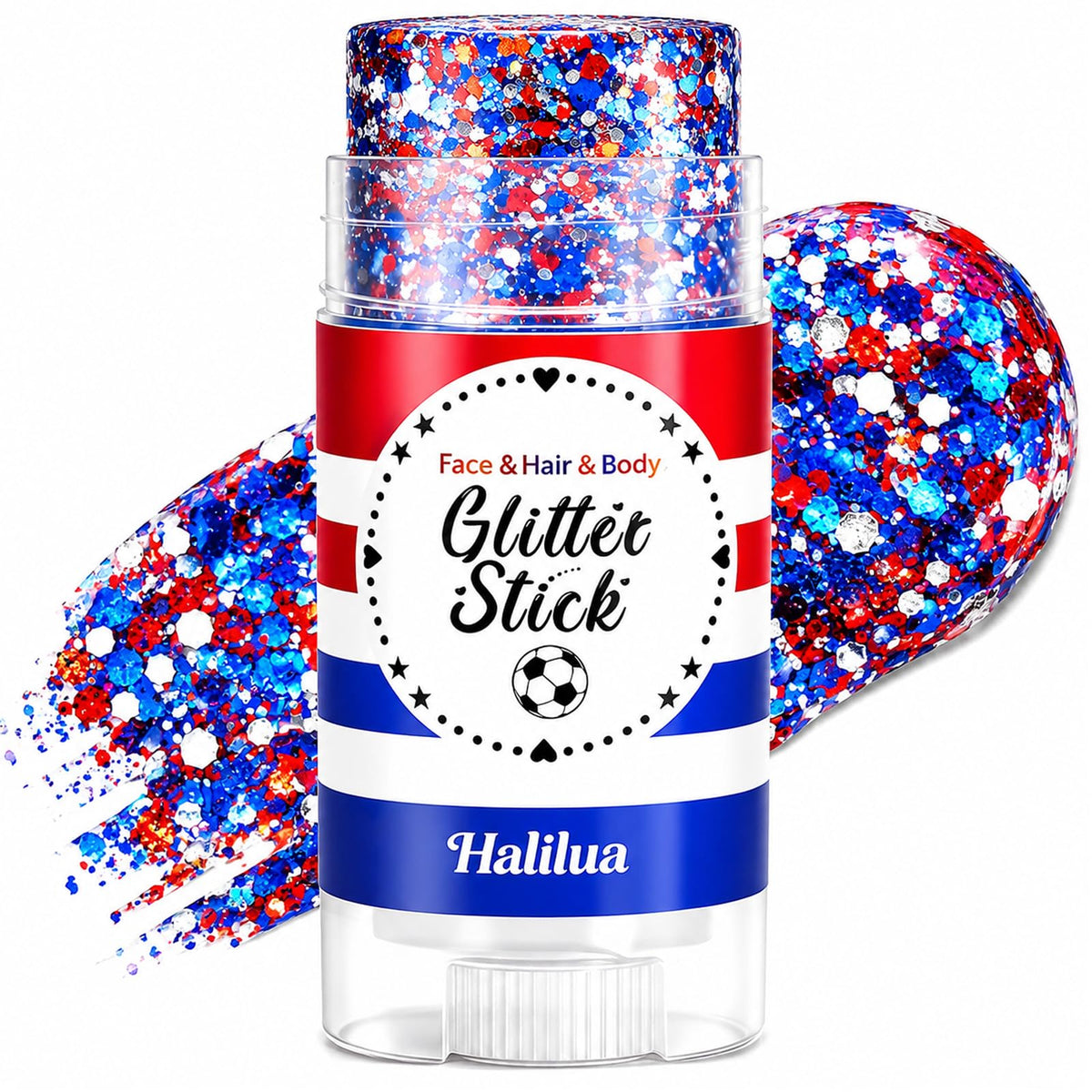 Lingyun glitter stick front view showing patriotic red white blue shimmer benefits convenience
