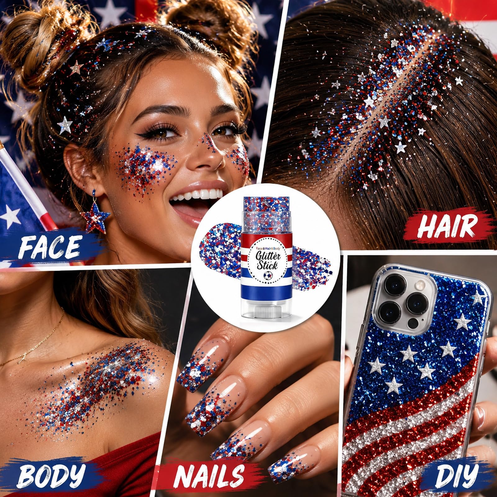 Lingyun glitter stick applied on cheek showcasing bold 4th of July look benefit longevity