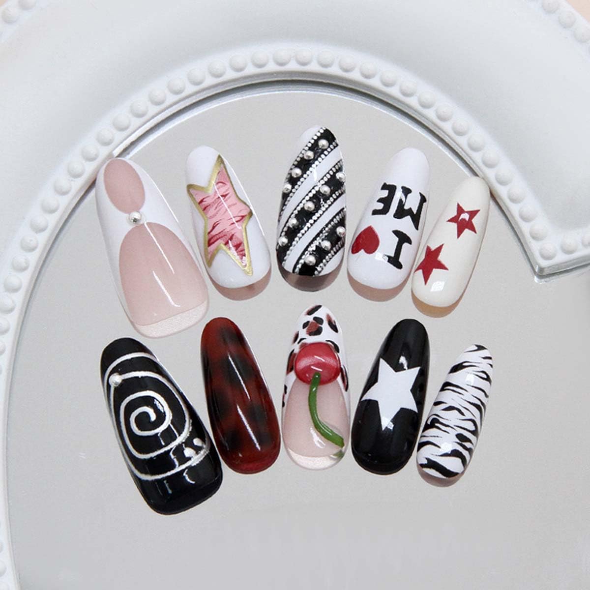 LINMEIZAI nails worn on hands in lifestyle scene showing stylish Y2K appeal