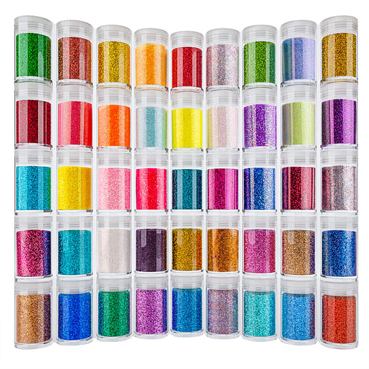 Linwulte front packaging showing 45 glitter jars and labels for easy selection and storage