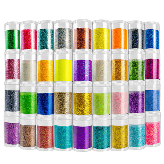 Linwulte front packaging showing 36 glitter jars with clear lids and vibrant hues