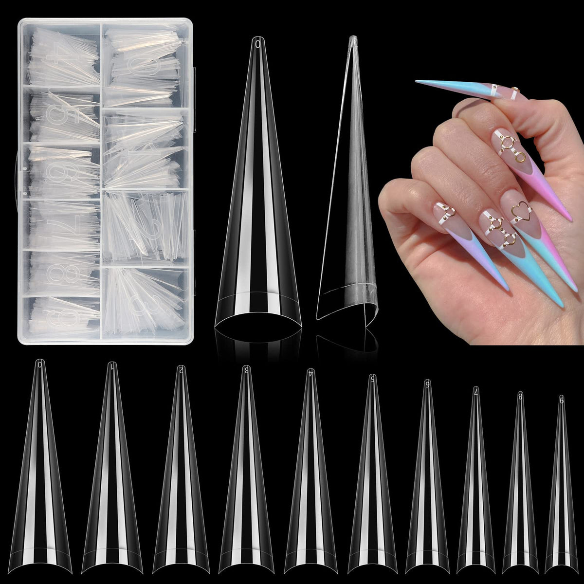 LIONVISON front packaging showing 500-piece stiletto tips and benefits