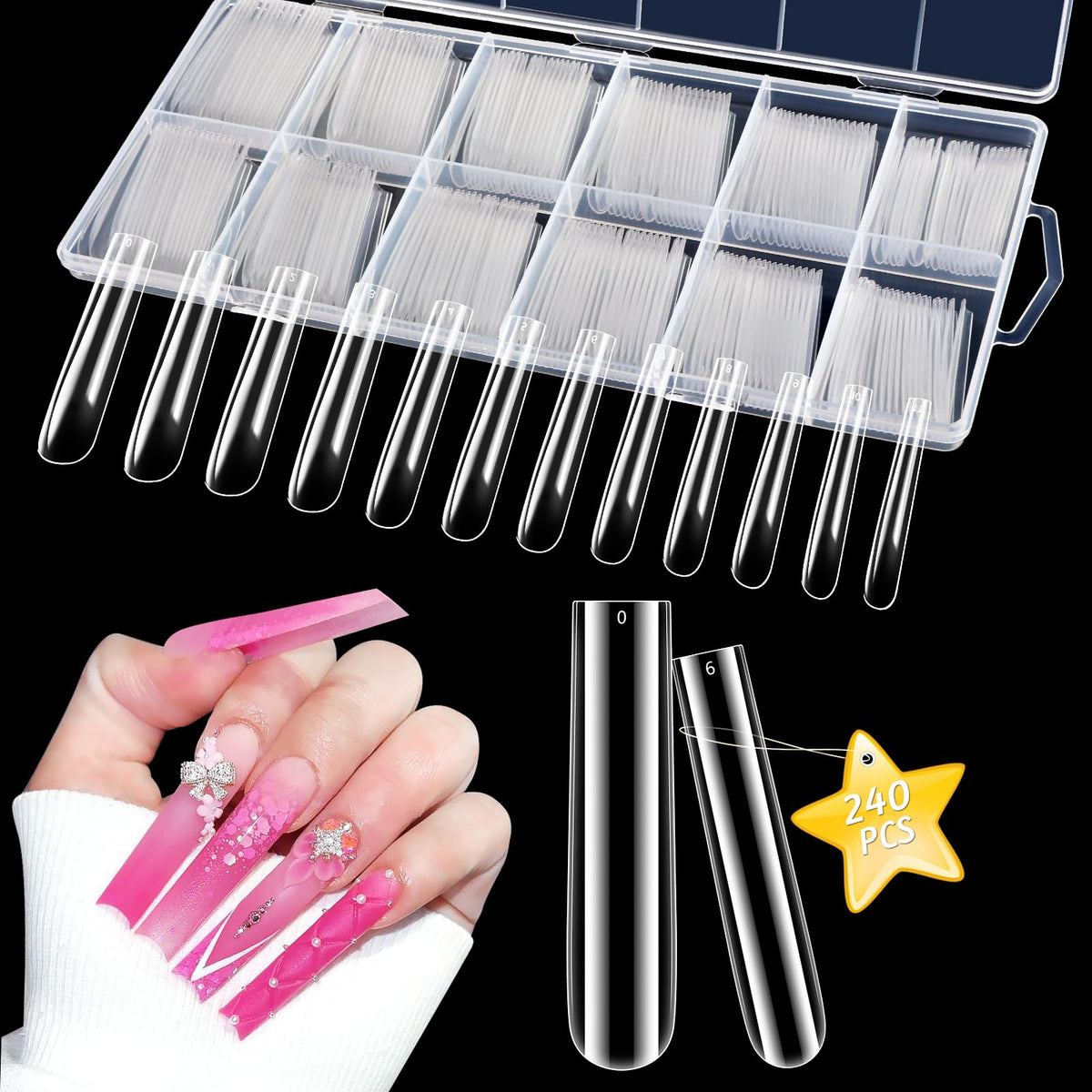 LIONVISON front packaging showing 240 clear full cover nail tips and sizes, professional kit benefit