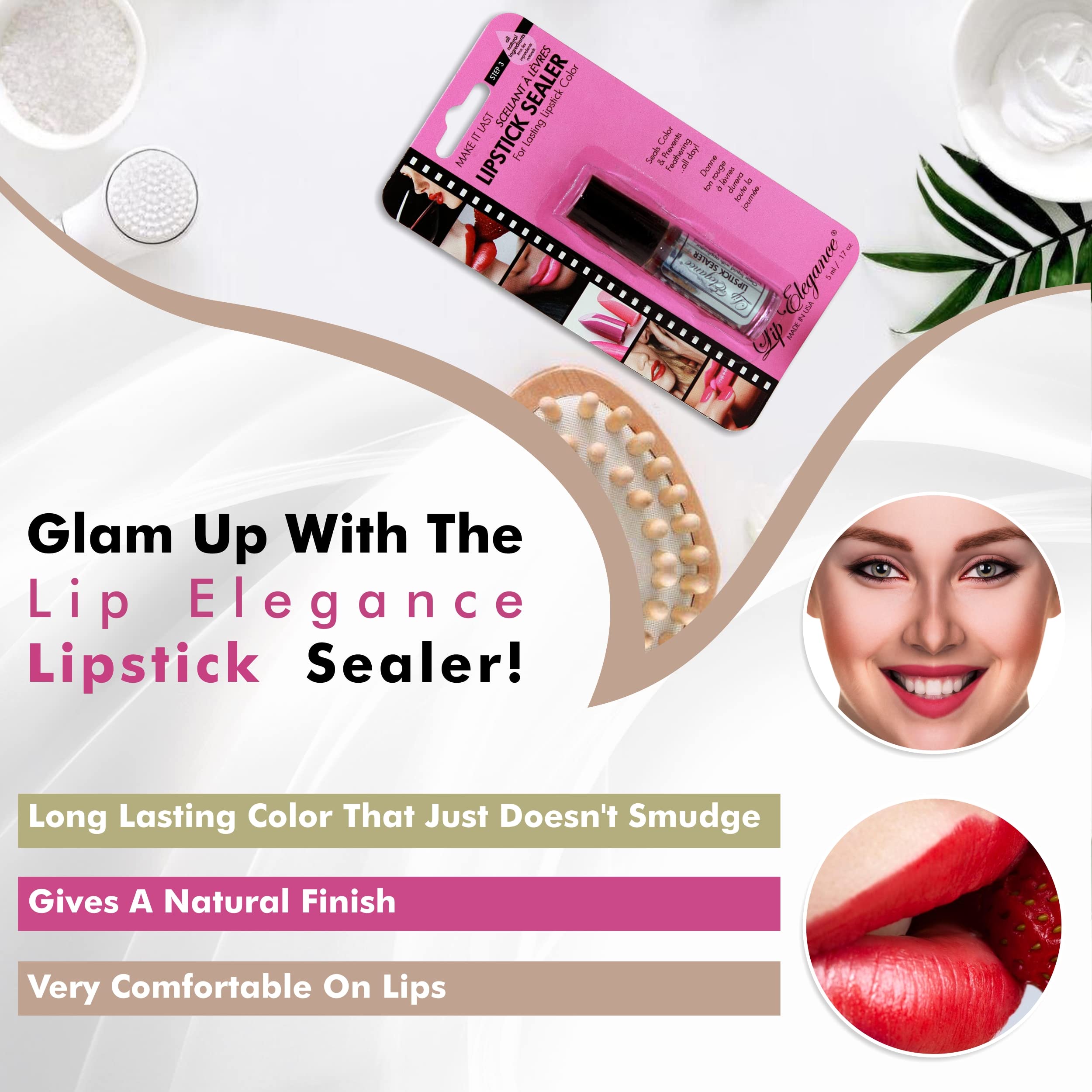 Applying Lip Elegance with brush across lips to show smudge-proof result