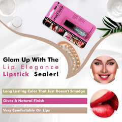 Applying Lip Elegance with brush across lips to show smudge-proof result