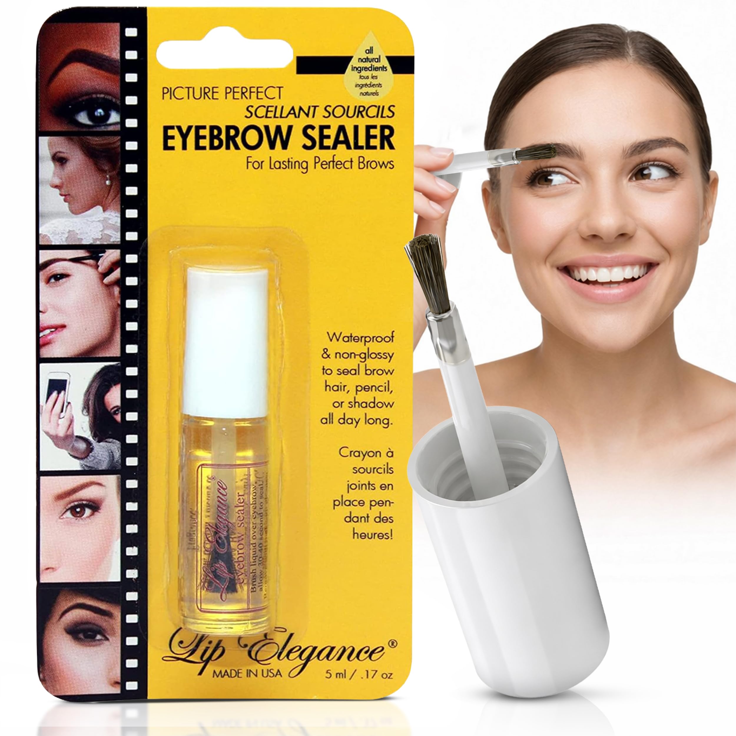 Lip Elegance clear brow gel front packaging showing slim tube and label, holds brows longer