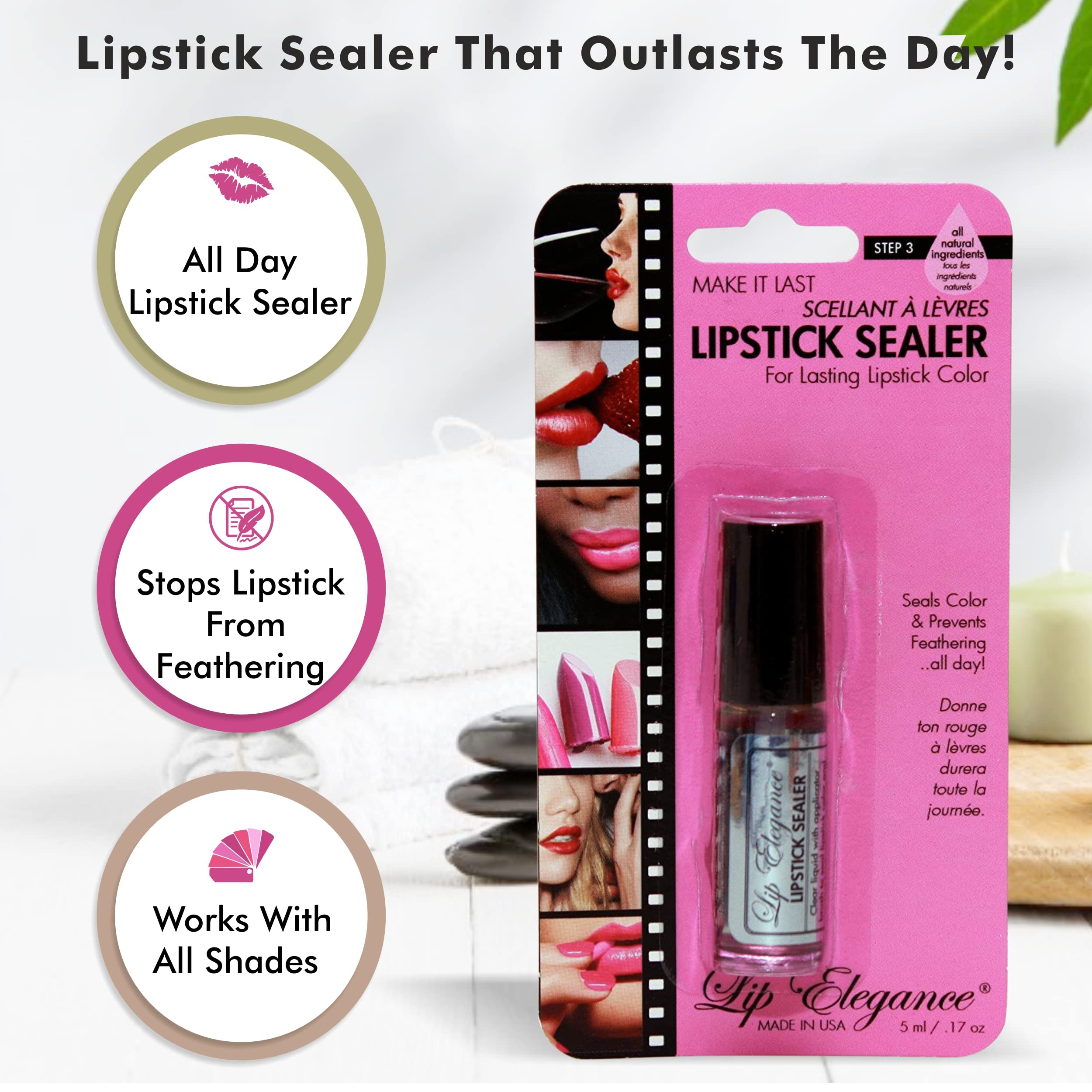 Hand holding Lip Elegance tube to show size and portability for on-the-go use