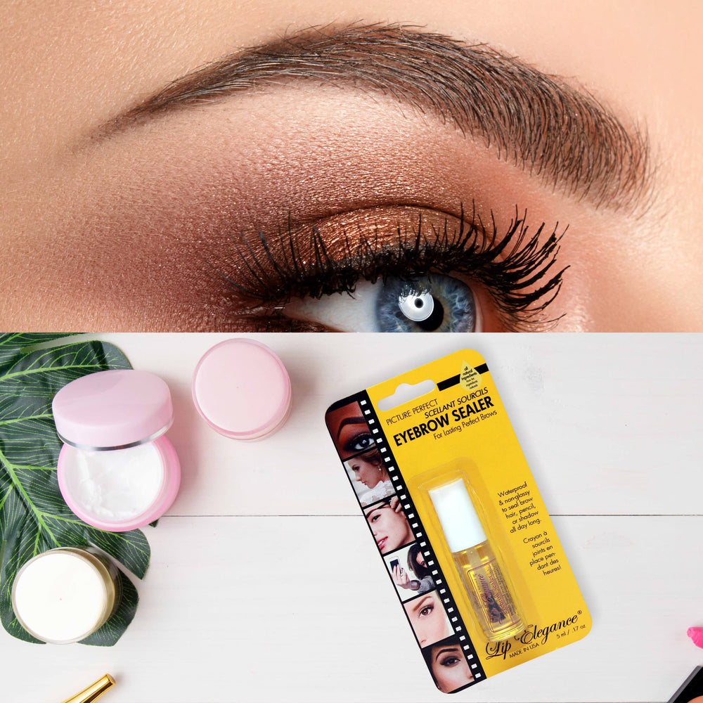 Lip Elegance in a makeup bag beside mirror showing travel-friendly, reliable brow hold