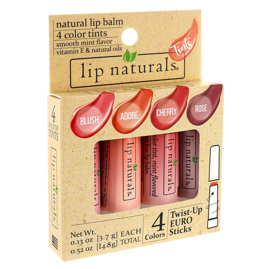 Lip Naturals four shades lined up displaying Blush Adobe Cherry Rose colors