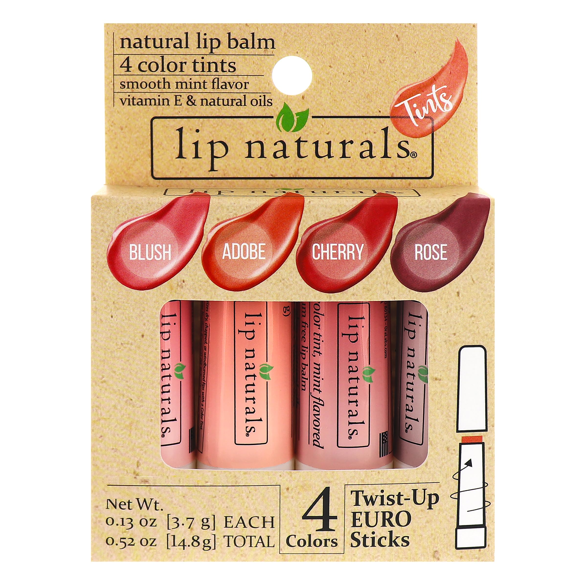 Lip Naturals front packaging showing four tinted balms and product benefits