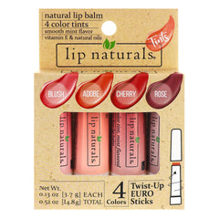 Lip Naturals front packaging showing four tinted balms and product benefits