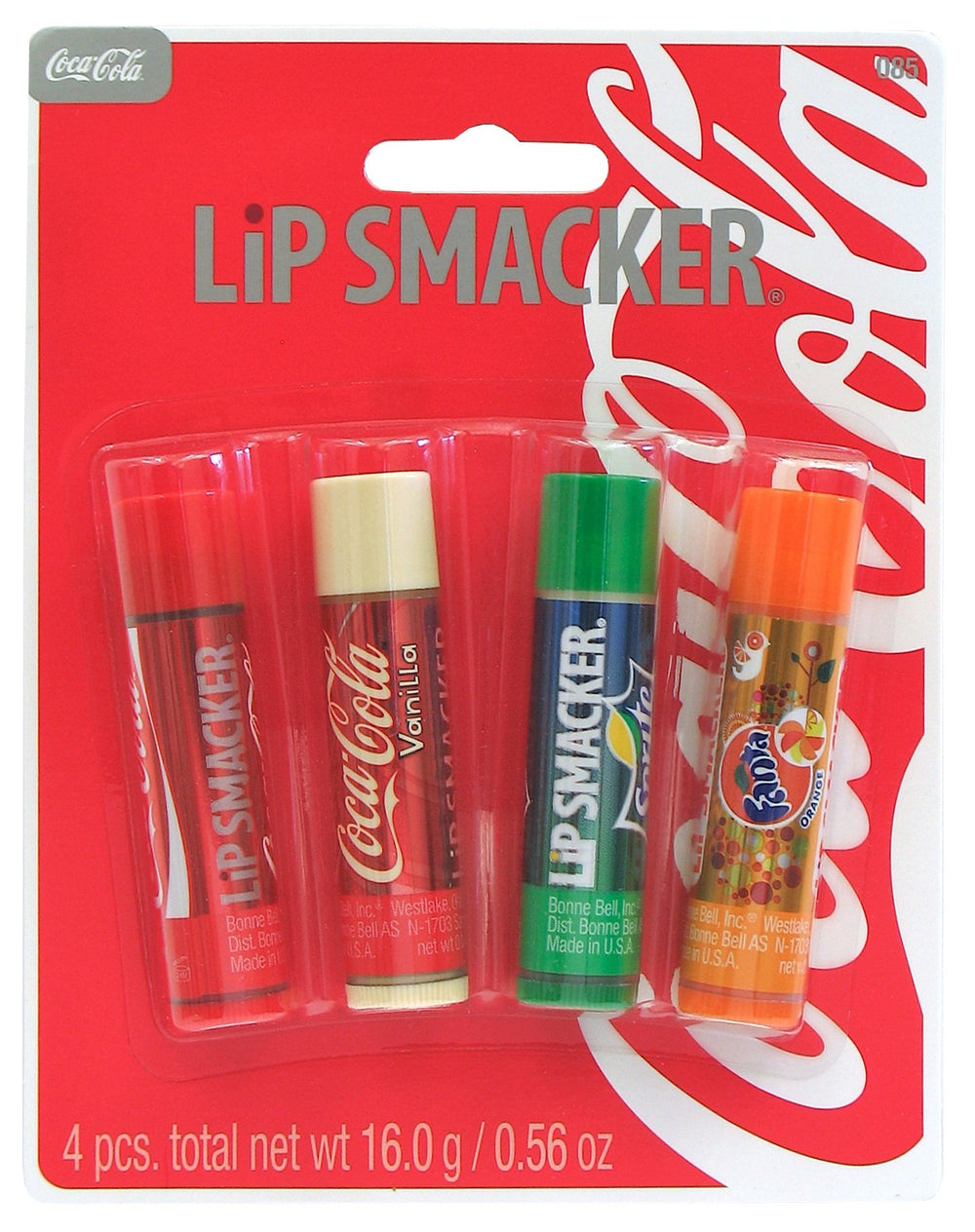 Lip Smacker front packaging showing four soda-flavored balms, fun collectible set