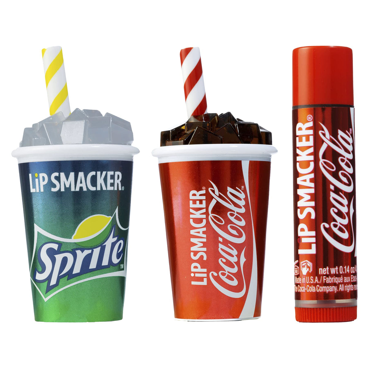 Lip Smacker front packaging showing Coca-Cola and Sprite trio and playful branding benefits collectability