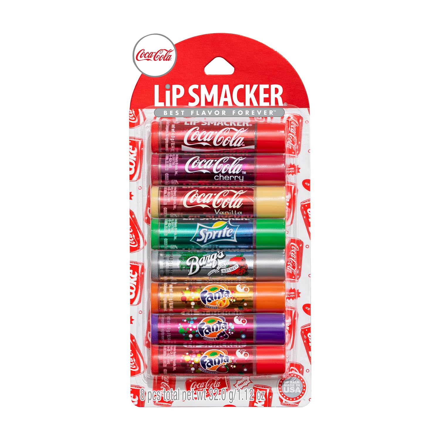 Lip Smacker front packaging showing eight soda-flavored glosses and easy grab convenience