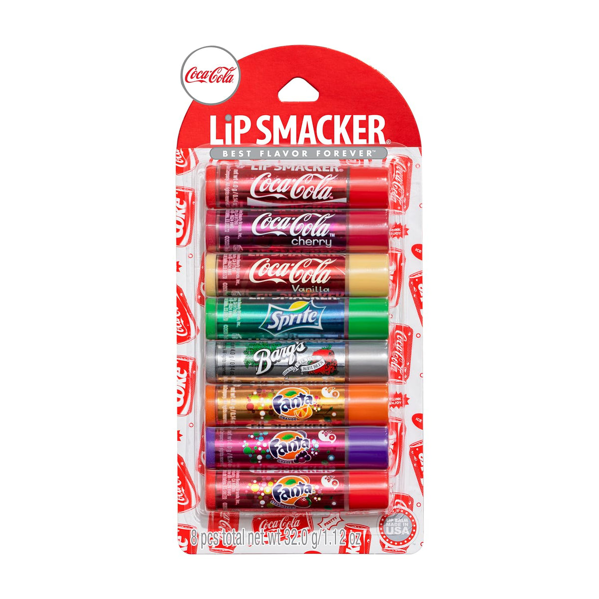 Lip Smacker front packaging showing eight soda-flavored glosses and easy grab convenience