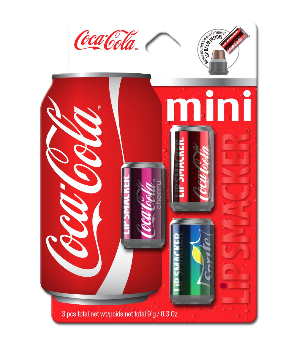 Lip Smacker front view of three Coca‑Cola mini can balms showing collectible packaging and appeal