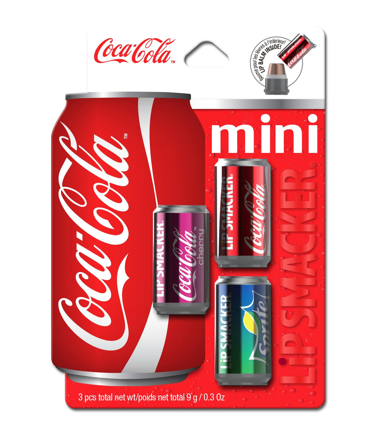 Lip Smacker front view of three Coca‑Cola mini can balms showing collectible packaging and appeal