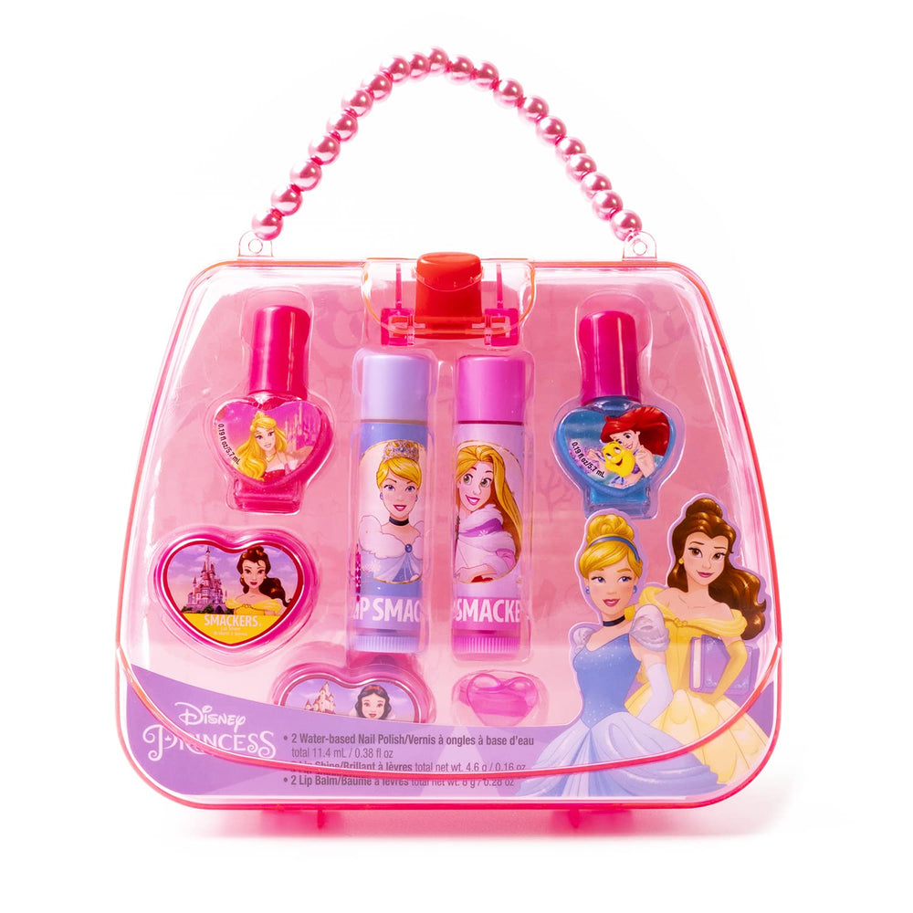 Lip Smacker tote front view showing princess artwork and included products for easy storage