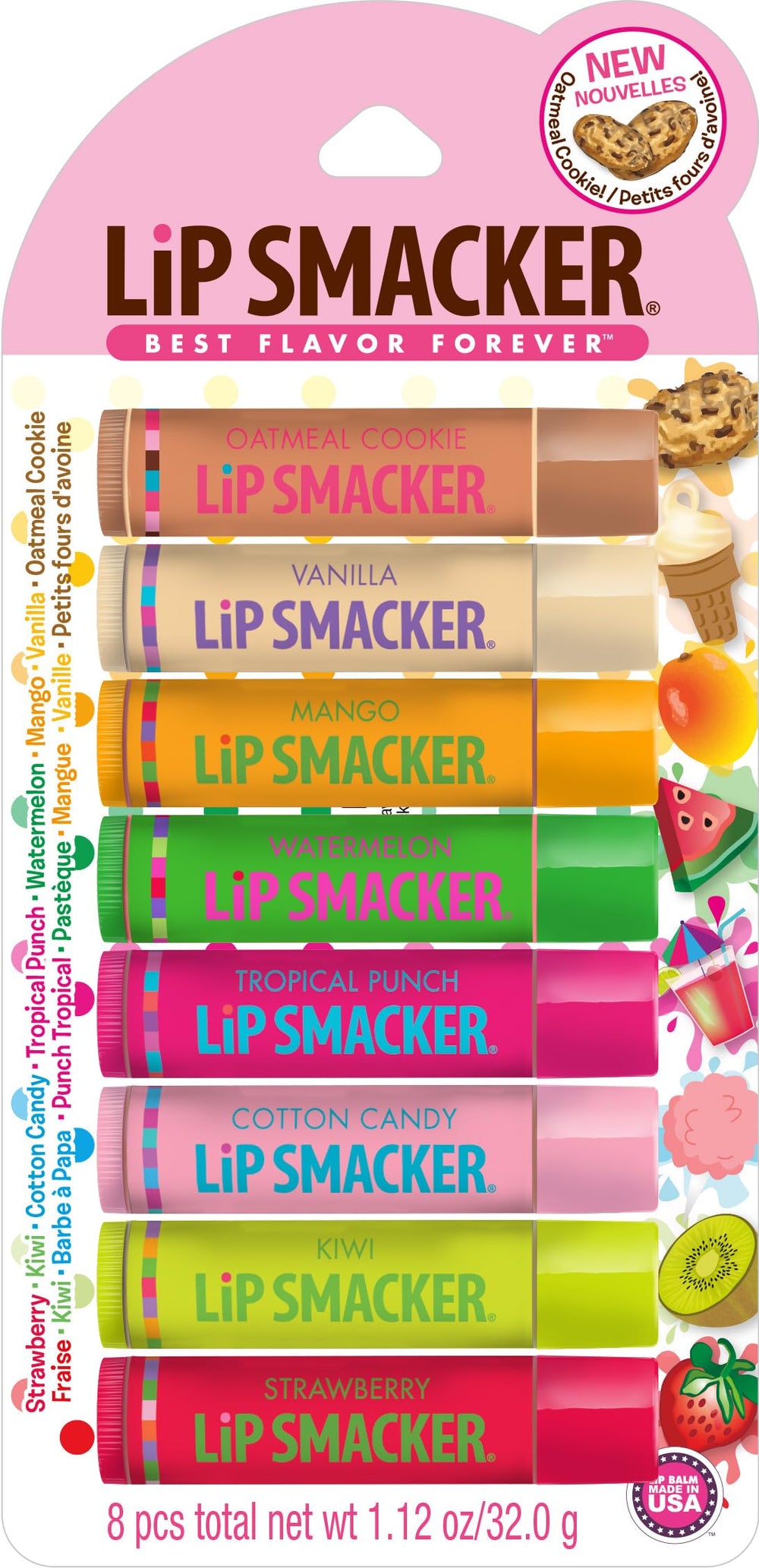 Lip Smacker front packaging showing all eight colorful tubes and benefits