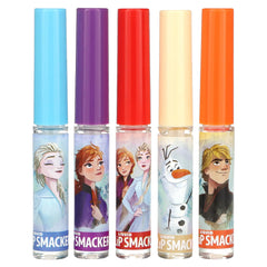 Lip Smacker Frozen 2 front packaging showing five character tubes and flavors, fun gifting benefit