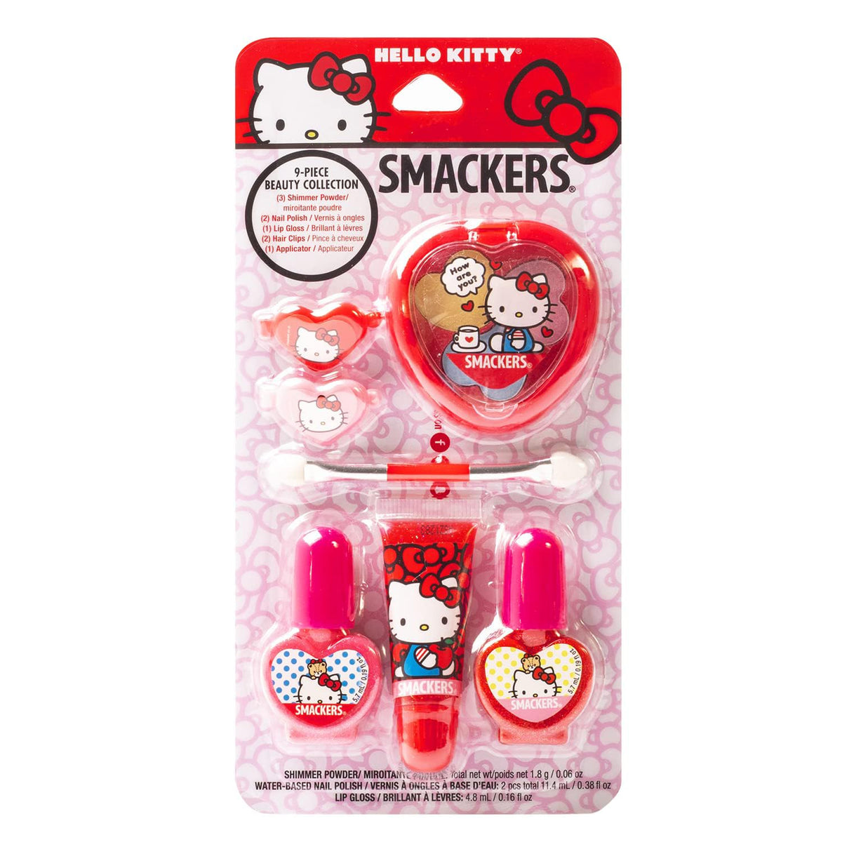 Lip Smacker Hello Kitty front packaging showing full 9-piece kit and collectible artwork